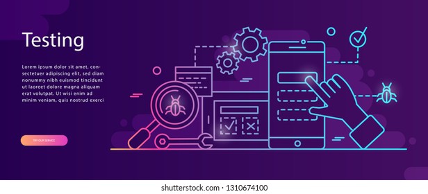 Application development, testing flat vector illustration.Smart team, Teamwork ,Software API prototyping and testing background. Smartphone interface building process, mobile app,   web page