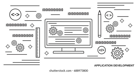 Application development thin line art style vector concept illustration