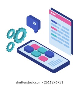 Application Development Tools Isometric gear, arrow, and screen with a chat icon. Atmosphere is collaborative, functional. Perfect for app development tools, project management