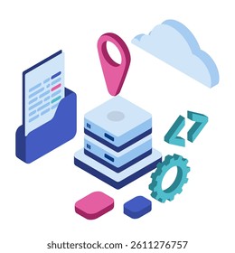 Application Development Tools Isometric gear, arrow, and screen with a chat icon. Atmosphere is collaborative, functional. Perfect for app development tools, project management