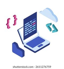 Application Development Tools Isometric gear, arrow, and screen with a chat icon. Atmosphere is collaborative, functional. Perfect for app development tools, project management