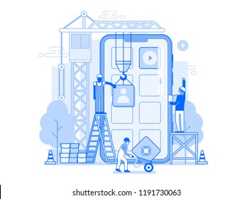 Application development UI illustration in flat design. Mobile app building concept banner with industrial crane and team of workers developing and constructing applications.