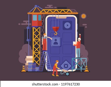 Application development UI illustration in flat design. Mobile app building concept banner with industrial crane and team of workers developing and constructing applications.