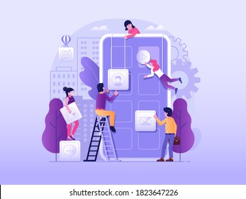 Application development UI illustration in flat design. Mobile app building concept banner with team of workers developing and constructing applications. Web design process business scene.