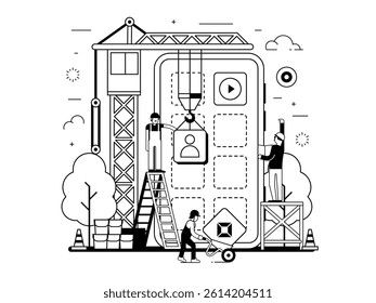 Application development UI illustration in line art design. Mobile app building concept banner with industrial crane and team of workers developing and constructing applications.