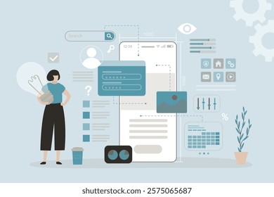 Application development and ui ux design. Different icons on cellphone screen. Develop of interface design for applications. Woman designer or coder with new ideas of app customization. flat vector