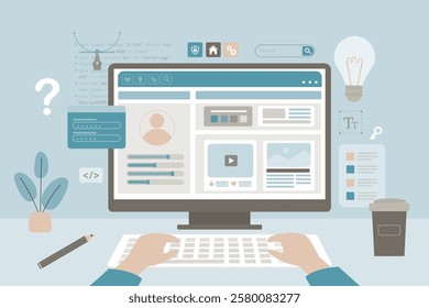 Application development and ui ux design. Different icons and tools on webpage. Male developer or coder build or develop of interface design for app or web. User customizating profile in social media.