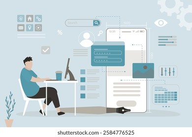 Application development and ui ux design. Different icons on cellphone screen. Develop of interface design for applications. App customization. Designer or coder at work. flat vector illustration