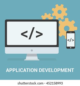 Application development vector concept. Computer and phone isolated on background