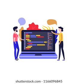 Application development vector illustration with young men stand near big laptop with code discussing and programming app - flat isolated IT specialists team working out software.