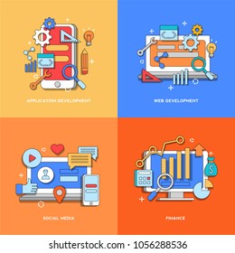 Application Development, Web Development, Social Media, Finance concepts for web page, banner, presentation. Set. Vector illustration