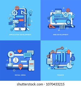 Application Development, Web Development, Social Media, Finance concepts for web page, banner, presentation. Set. Vector illustration