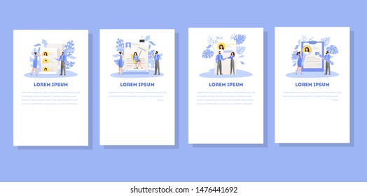 Application document approved set. Idea of employment and job interview. CV document with stamp approve on it. Job resume. Mobie web banner design. Isolated vector illustration in cartoon style