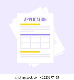 Application document form submit flat style design icon sign vector illustration isolated on light purple background. Complete application or survey document business concept with text contract stamp.