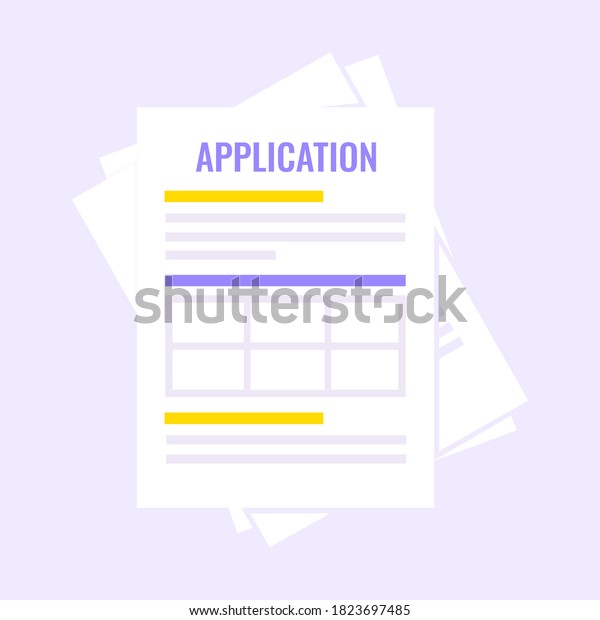 Application document form submit flat style design\
icon sign vector illustration isolated on light purple background.\
Complete application or survey document business concept with text\
contract stamp.