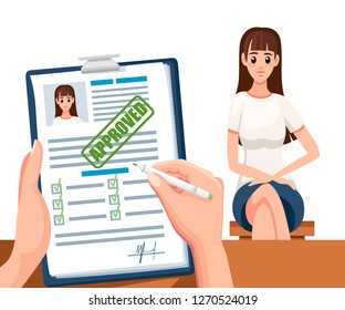 Application documents with approved stamp. Accepted application or resume. Paper form with checkboxes and photo. Cartoon character design. Flat vector illustration on white background.