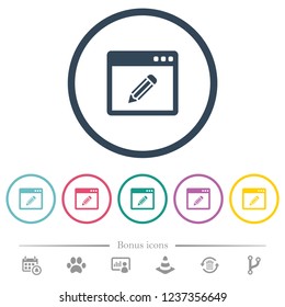 Application edit flat color icons in round outlines. 6 bonus icons included.