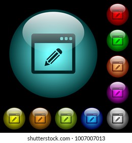 Application edit icons in color illuminated spherical glass buttons on black background. Can be used to black or dark templates