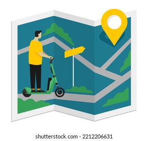 Application for electric scooters sharing or tracking - character rides a kick scooter with map navigation. Isolated vector illustration