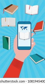 Application Electronic books on the cell phone screen in the male hand - books open and closed on a blue background, flat style - art vector