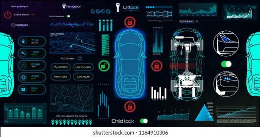 Application Elements for Car, Futuristic style (HUD). Ui,UX, Kit.  Set Elements for  mobile app, dark color, dashboard, Template smartphone application. Vector set