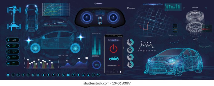 Application Elements for Car, Futuristic style (HUD). Ui,UX, Kit. Set Elements for mobile app, dark color, dashboard, navigation and 3d model. Template smartphone application. Vector elements set HUD UI