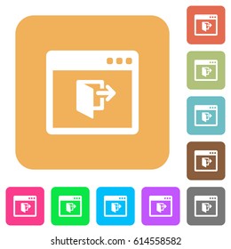 Application exit flat icons on rounded square vivid color backgrounds.