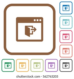 Application exit simple icons in color rounded square frames on white background