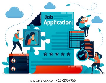 Application form for accepting new employees, hiring employees by reading cv and resume, choose worker on job resume, agency interview. Vector illustration for business card, banner, brochure, flyer