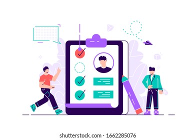 Application form for employment. people select a resume for a job. vector small characters recruitment agency. claim form. Flat style modern design vector illustration for web page, cards, poster