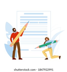Application Form Filling People With Pencil Vector. Young Man And Woman Fill Application Form Document Page. Characters Businesspeople Writing Information In Agreement Flat Cartoon Illustration