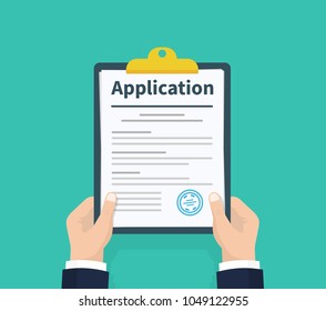 Application form. Man with clipboard in his hand fills in the form of employment. Write documents. Analyzing personnal resume. Flat design, vector illustration on green background