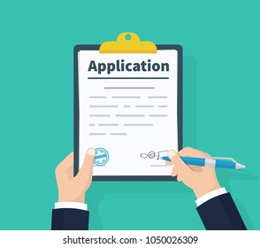 Application form. Man with clipboard in his hand fills in the form of employment. Write documents. Analyzing personnal resume. Flat design, vector illustration on green background