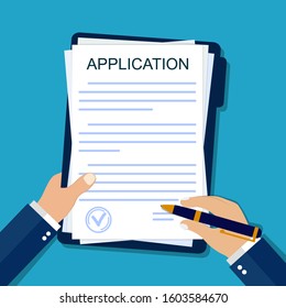 Application form on paper. Hand signs agreement document in flat style. Legal paperwork on isolated background. Insurance concept. Apply on job. Report submission from businessman. vector illustration