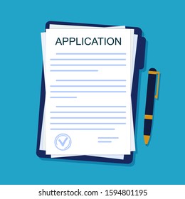 Application form on paper sheet. Agreement document in flat style. Legal paperwork with pen on isolated background. Insurance concept. Apply on job. Report submission. Design vector illustration