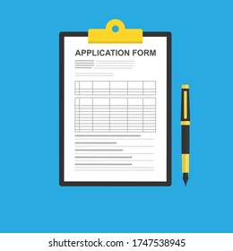 Application form and pen. Application form, application form or document. Flat design. Vector illustration isolated on a blue background.