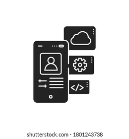 Application functions black glyph icon. Actions which can be done due to the application. Pictogram for web page, mobile app, promo. UI UX GUI design element.