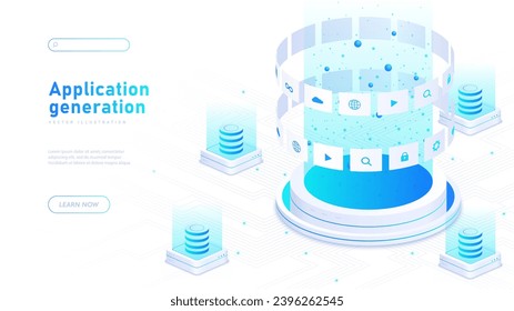 Application generation white poster. Modern technologies and innovations. Internet multimedia. Landing page design. Cartoon isometric vector illustration isolated on white background