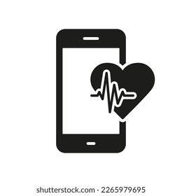 Application for Heart Pulse Control Silhouette Icon. Mobile Phone App for Sport Pictogram. Heartbeat Rate in Digital Smart Phone Glyph Icon. Fitness App in Smartphone. Isolated Vector Illustration.