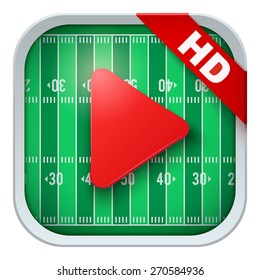 Application icon for american football live sports broadcasts or games. Illustration of sporting field and play button. 