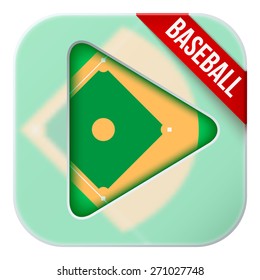 Application icon for baseball live sports broadcasts or games. Illustration of sporting field under matting glass and play button. 