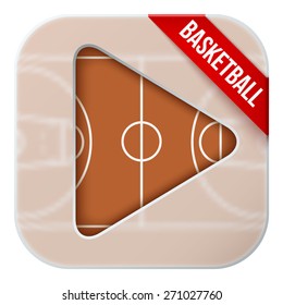 Application icon for basketball live sports broadcasts or games. Illustration of sporting field under matting glass and play button. 
