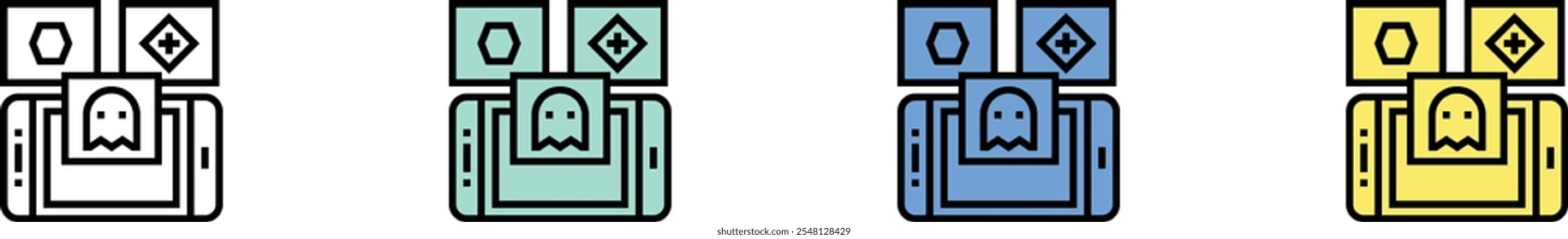 icono de aplicación. Esquema, diseño de estilo verde, azul y amarillo aislado sobre fondo blanco