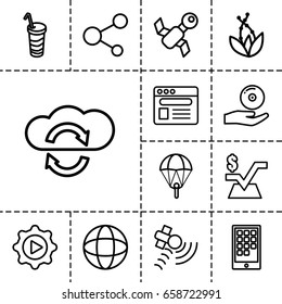 Application icon. set of 13 outline applicationicons such as mathematical square, drink, satellite, share, browser, play in gear, cd on hand, calendar on phone, globe, plant