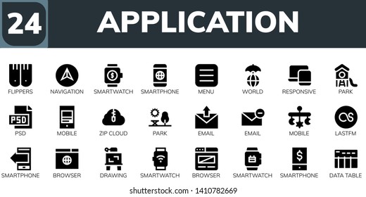 application icon set. 24 filled application icons.  Simple modern icons about  - Flippers, Navigation, Smartwatch, Smartphone, Menu, World, Responsive, Park, Psd, Mobile, Zip cloud