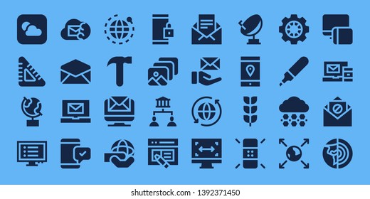 application icon set. 32 filled application icons. on blue background style Collection Of - Weather, Set square, Globe, Program, Email, Smartphone, World, Hammer, Browser, Sharing