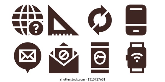 application icon set. 8 filled application icons.  Simple modern icons about  - Email, Earth globe, Set square, Smartphone, Sync, Smartwatch, Eraser