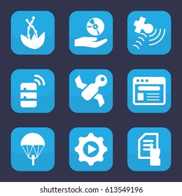 Application icon. set of 9 filled application icons such as pointing on document, satellite, browser, play in gear, CD on hand, server, plant