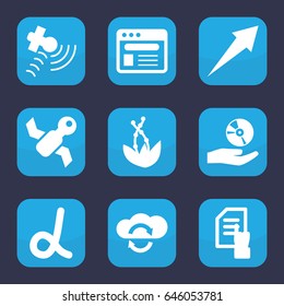 Application icon. set of 9 filled application icons such as pointing on document, satellite, browser, cd on hand, arrow, plant, alpha
