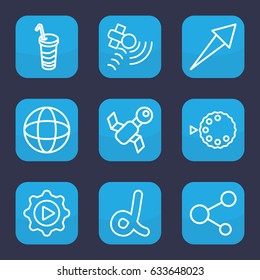 Application icon. set of 9 outline application icons such as drink, satellite, share, play in gear, camera mode, globe, alpha